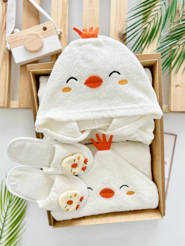 Ördek  %100 Pamuk Organik Terlikli 3 Parça Bornoz Seti