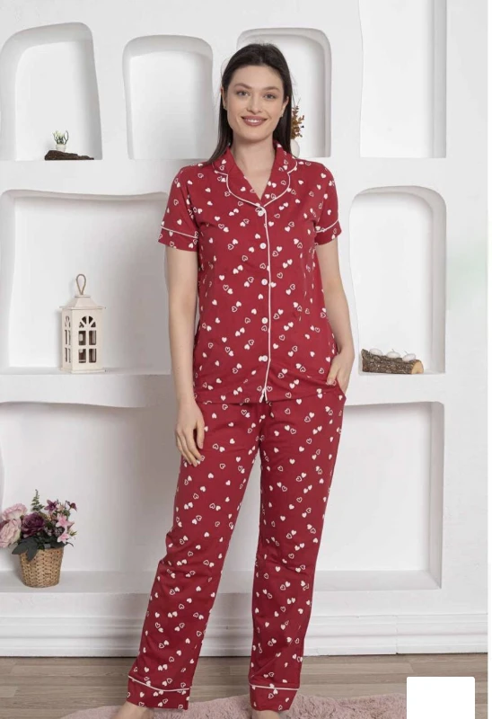 Kalp Desenli Bebe Yakalı  %100 Pamuk Esnek Premium Kaliteli Kumaşlı Uzun Kollu Pijama Seti