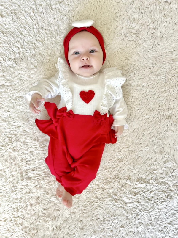 Kalp Desenli %100 Pamuk Premium Kaliteli Kumaş Bandanalı 2’li Tulum Set