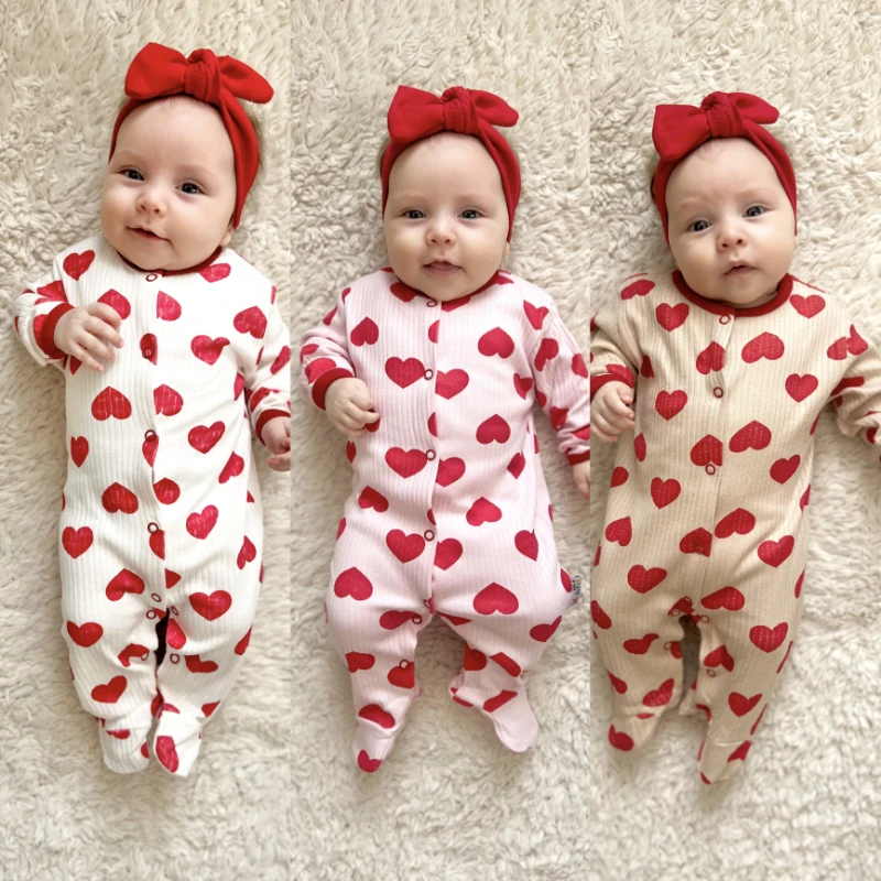 Kalp Desenli %100 Pamuk Mevsimlik 3’lü Kampanyalı Tulum Set