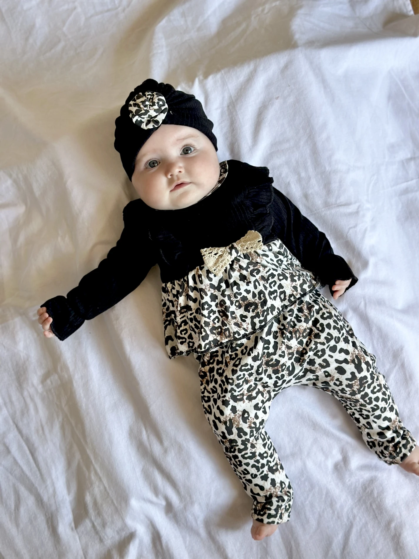 Fiyonk Detaylı Leopar Desenli Bandanalı %100 Pamuk 3’lü Takım