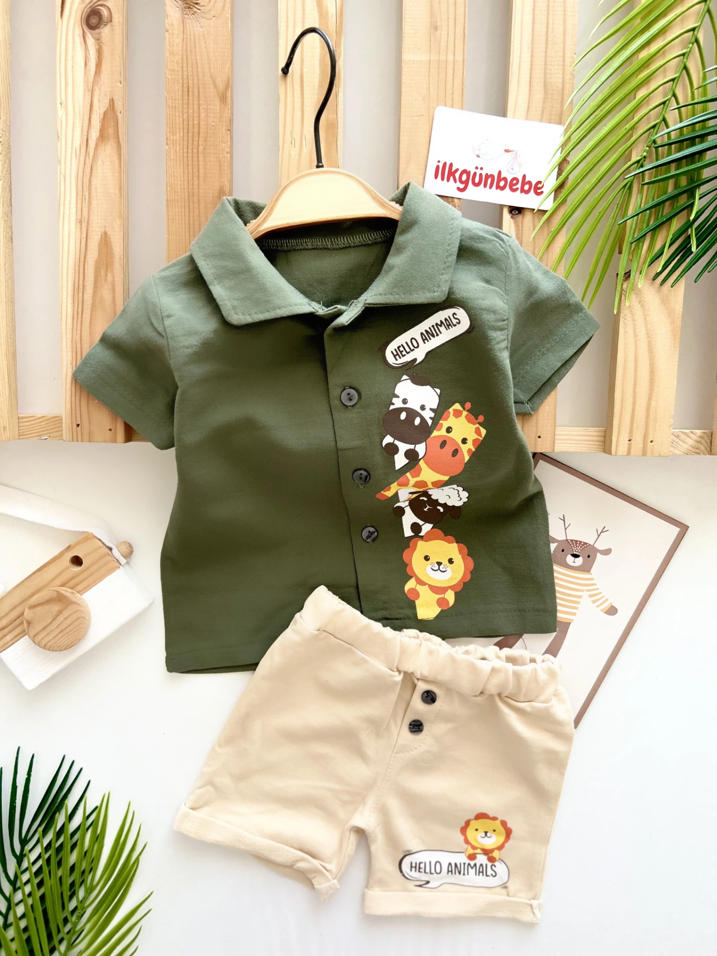 Hello Animals Baskılı %100 Müslin Kumaş 2’li Gömlekli Şort Takım