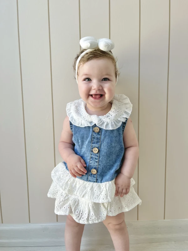 Fisto Yaka Detaylı Kot Kumaş Fırfırlı Romper