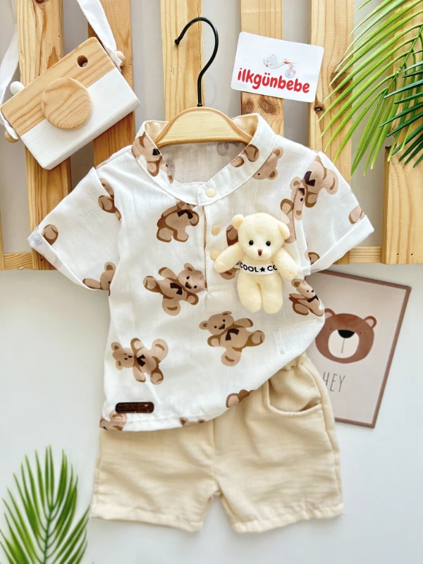Cool Oyuncak Ayıcıklı Ayıcık Baskılı Keten Kumaş 2’li Şortlu Takım