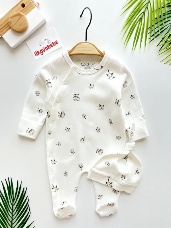 Pamuk Çiçeği İşlemeli Natural %100 Pamuk Şapkalı Tulum Set