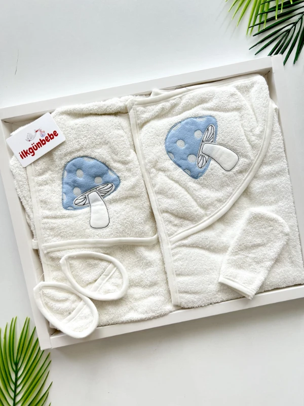 Mantar  Desenli %100 Organik Terlikli Keseli Bornoz Havlu Set