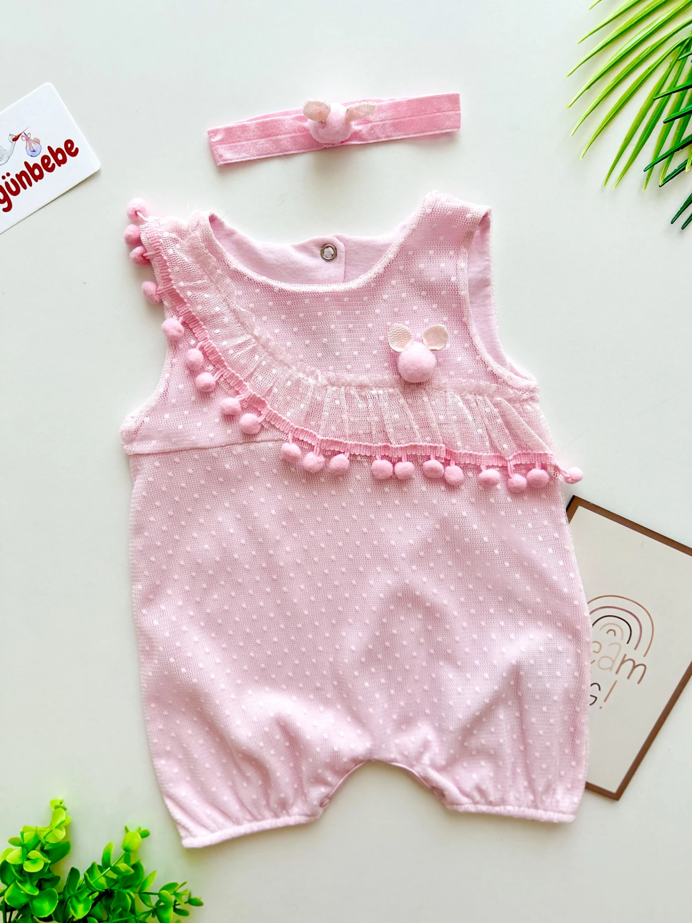 Tavşan Kabartmalı Ponpon Detaylı Bandanalı 2’li Tulum Set