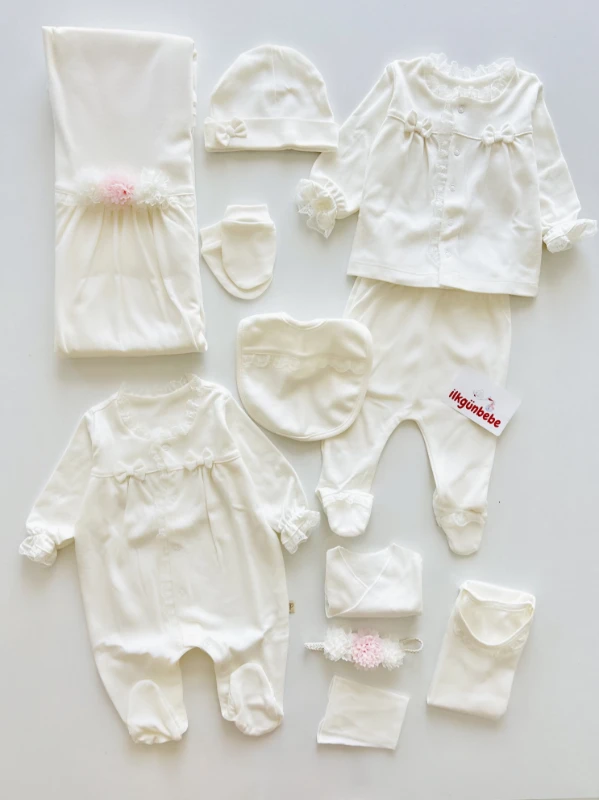 Maria Natural Çiçek İşlemeli Özel Koleksiyon Premium Kaliteli 10 Parça %100 Pamuk Yenidoğan Hastane Çıkışı Seti