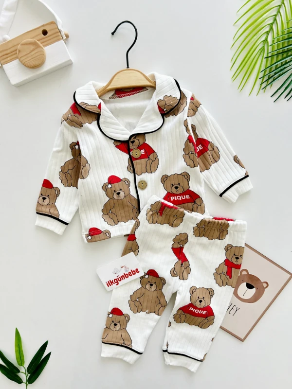 teddy Baskılı Bebe Yakalı %100 Pamuk Mevsimlik İyi Uykular Pijama Modeli