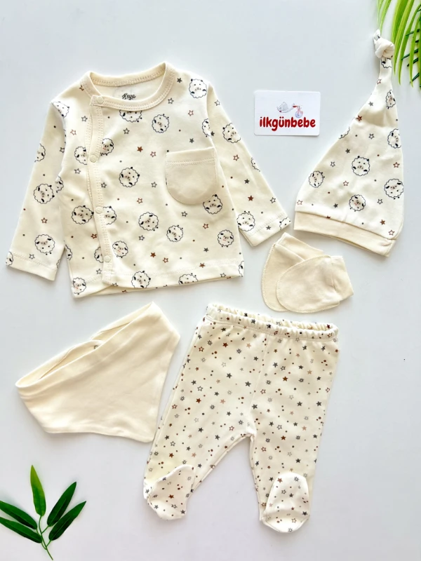 Sevimli Kuzucuk Desenli %100 Pamuk 5 Parça Yenidoğan Set