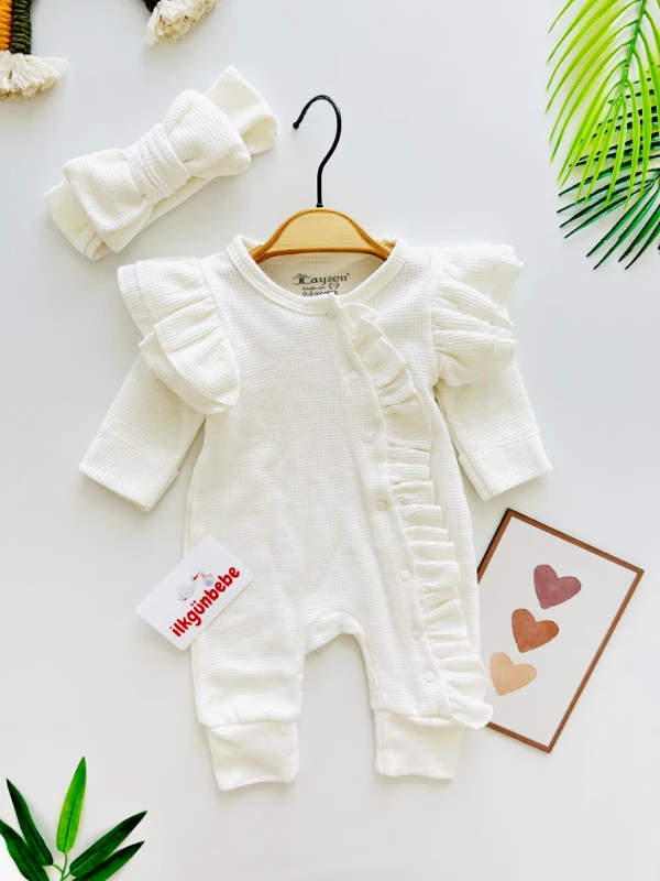 Kolları Fırfır Detaylı Yandan Çıtçıtlı %100 Pamuk Nefes Alan Kumaş Bandanalı Premium Model Tuluö Set