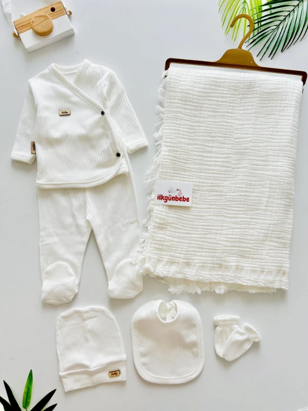 %100 Organik Müslin Kumaş 6 Parça Büyük Boy 4 Katlı Müslin Battaniyeli Premium Set