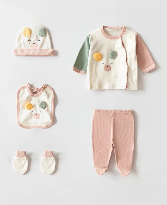 Sevimli Ayıcık Kulak Detaylı 5 Parça %100 Pamuk Yenidoğan Hastane Çıkışı Seti