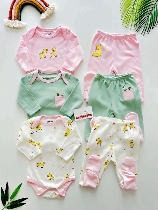 Sevimli Ördek Çiçek Temalı Kendinden Çoraplı 3 Alt 3 Üst Body Zıbın %100 Pamuk  6’lı Mevsimlik Set