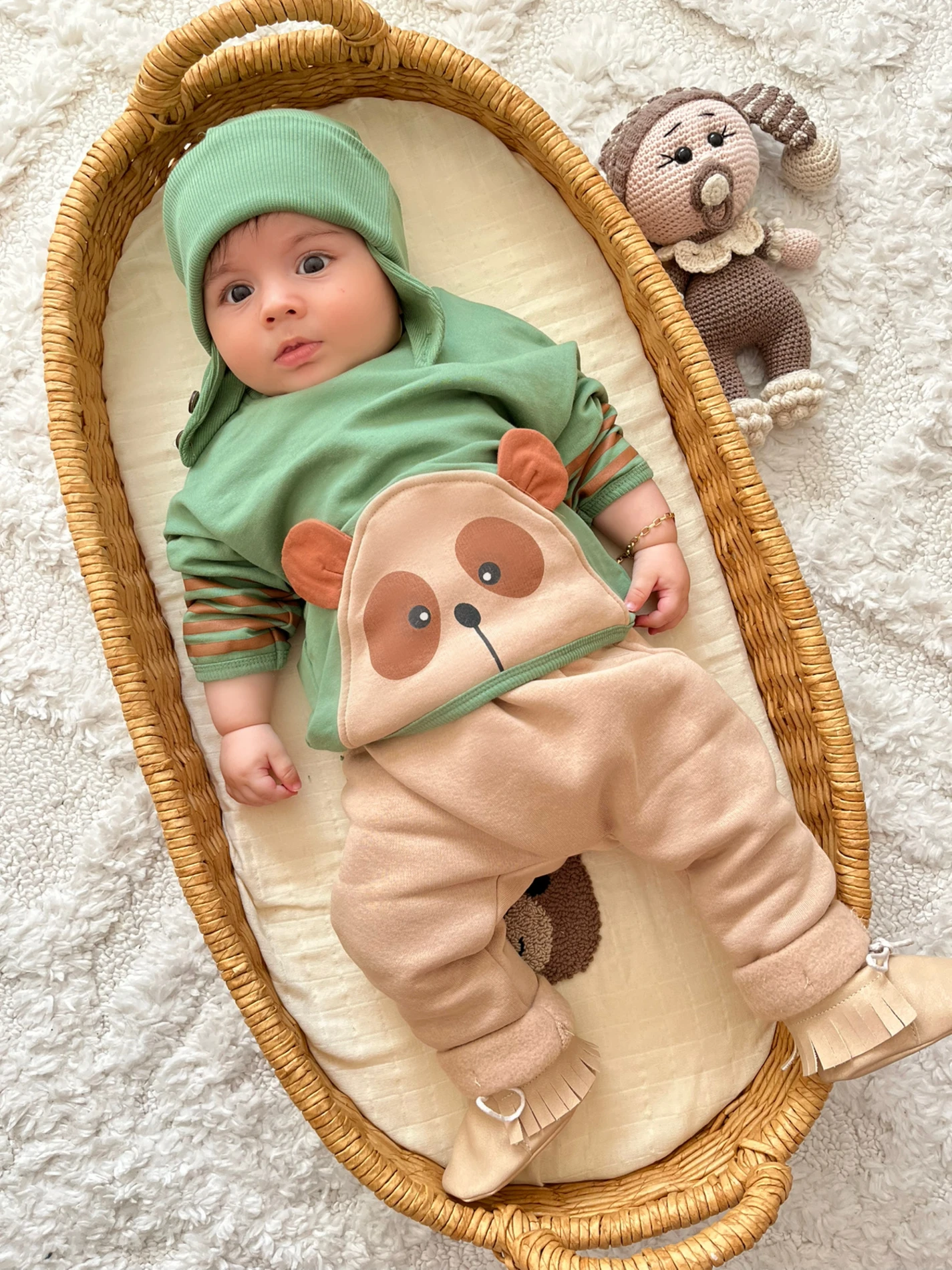 Ayıcık Teddy Kol Çizgili Detaylı Kulaklı Şapkalı %100 Pamuk 3 İp Şardonlu Altlı 3’lü Premium Kalite Takım