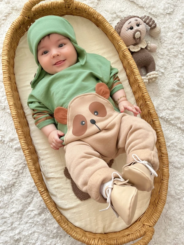 Ayıcık Teddy Kol Çizgili Detaylı Kulaklı Şapkalı %100 Pamuk 3 İp Şardonlu Altlı 3’lü Premium Kalite Takım