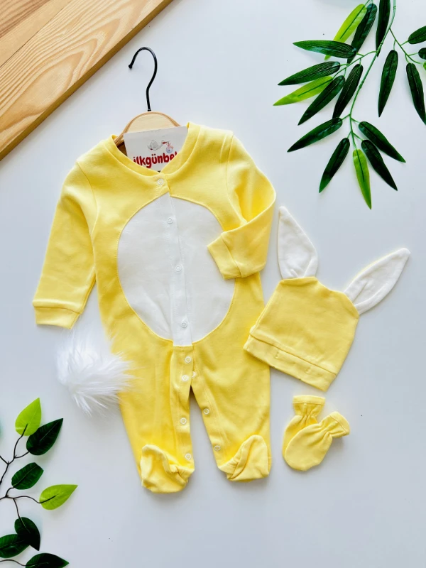 Çıkarılabilir Ponponlu Tavşan Kulak Şapkalı Eldivenli %100 Pamuk Tulum Set