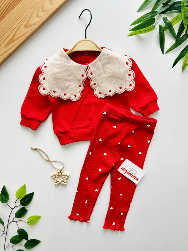 Fisto Yaka Detaylı Minik Kalp Desenli Esnek Kumaş Taytlı 2’li Takım