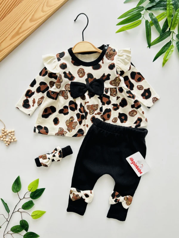 Leopar Desenli Fiyonklu Omuz Fırfır Detaylı 3’lü %100 Pamuk Takım