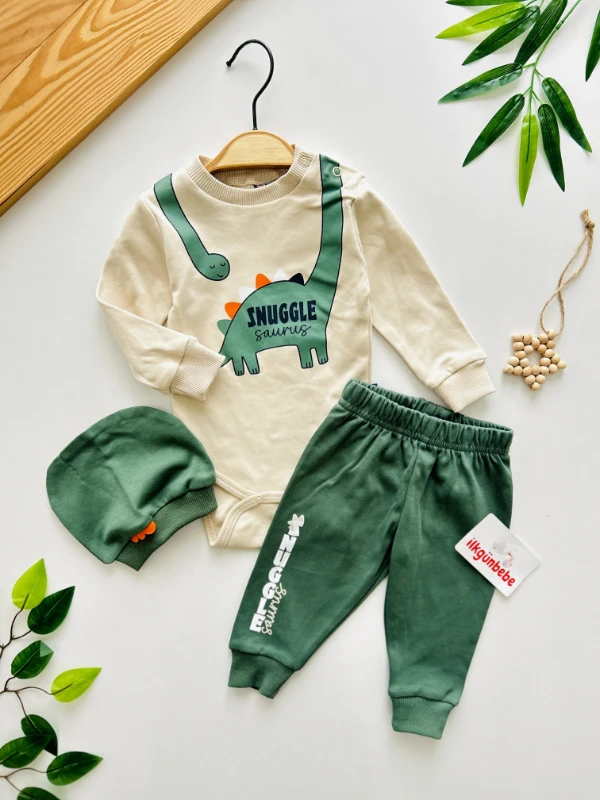 Dino Desenli Şapkalı 3’lü %100 Pamuk Takım