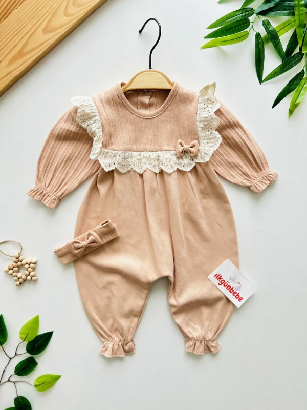 Lady Fiyonk Detaylı Dantel Yakalı %100 Pamuk Premium Kalite Tulum Set