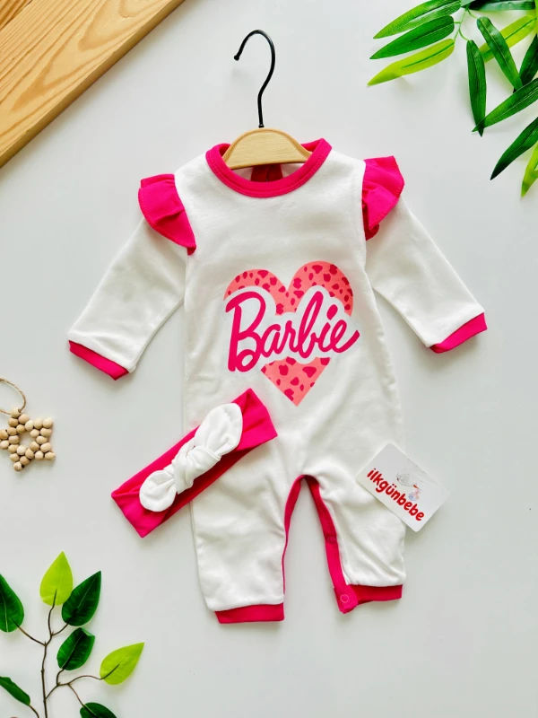 Barbie Desenli %100 Pamuk Bandanalı Tulum Set