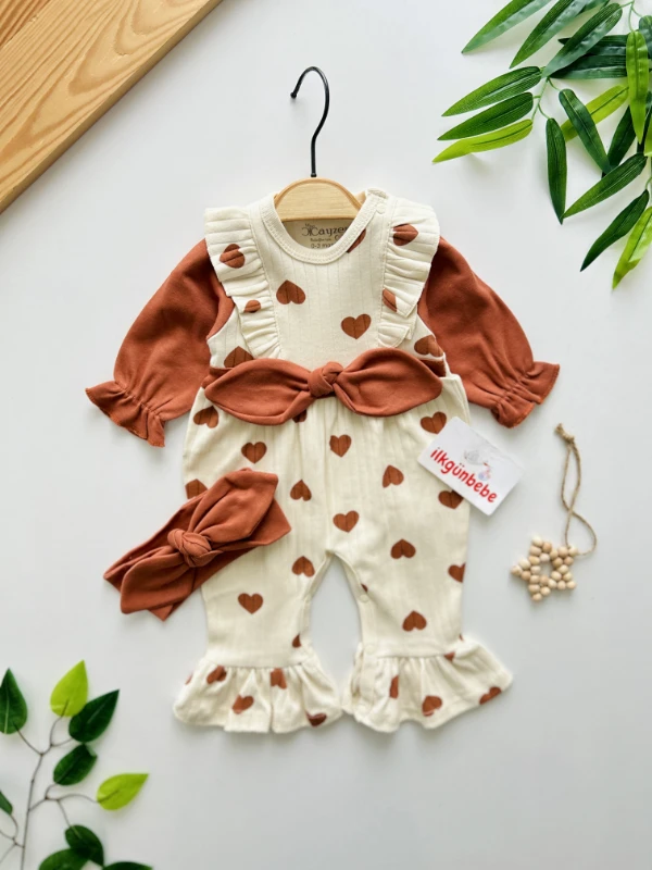 Kalp Desenli Fiyonk Detaylı %100 Pamuk Bandanalı 2’li Tulum Set