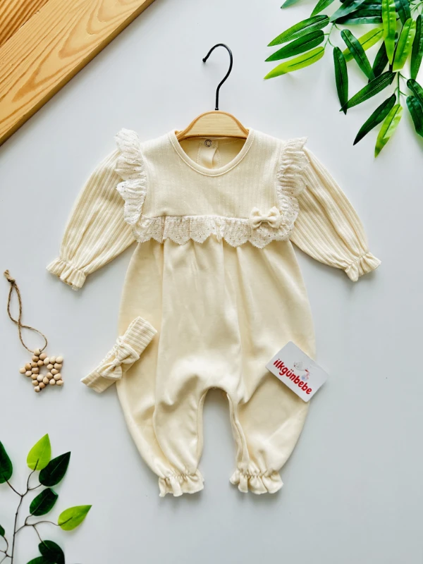 Lady Fiyonk Detaylı Dantel Yakalı %100 Pamuk Premium Kalite Tulum Set