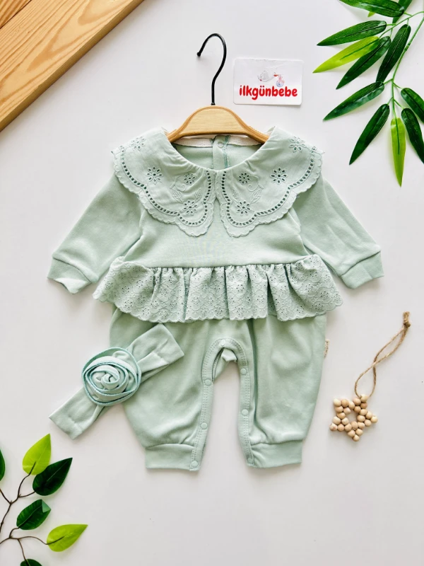 Rose Fisto Dandel Yaka Detaylı %100 Pamuk Bandanalı Tulum Set