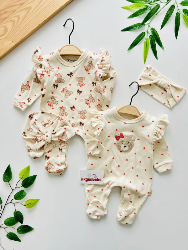 Teddy Fiyonklu Desenli %100 Pamuk Premium Kalite Bandanalı & Boneli 2’li Tulum Set