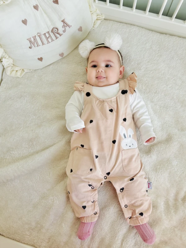 Cute Rabbit Kalp Desenli Tavşanlı Salopetli Badili 2’li Set