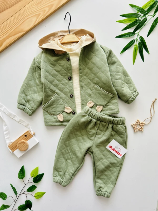 Kapitone Kumaş Kapüşonlu Ceketli %100 Pamuk Yandan Düğmeli Badili 3’lü Premium Kalite Takım