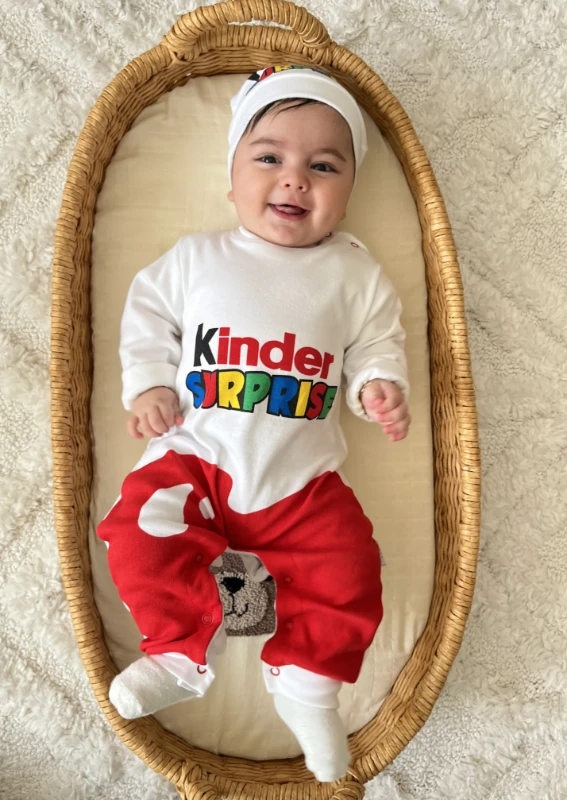 Kinder Surprise Şapkalı 2’li %100 Pamuk Unisex Tulum Set