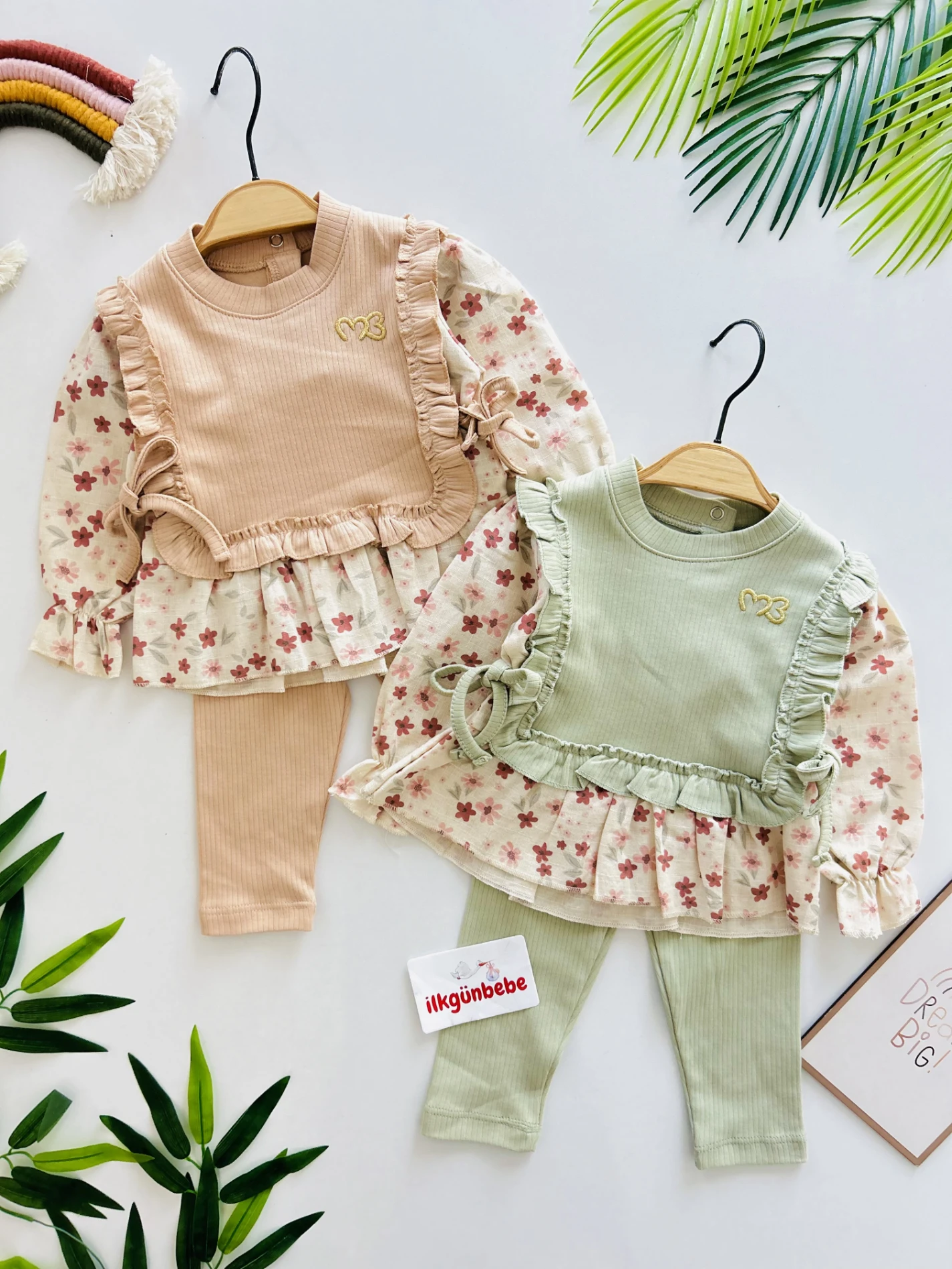 Kendinden Süveterli Keten Kumaş Çiçek Desenli 2’li Takım
