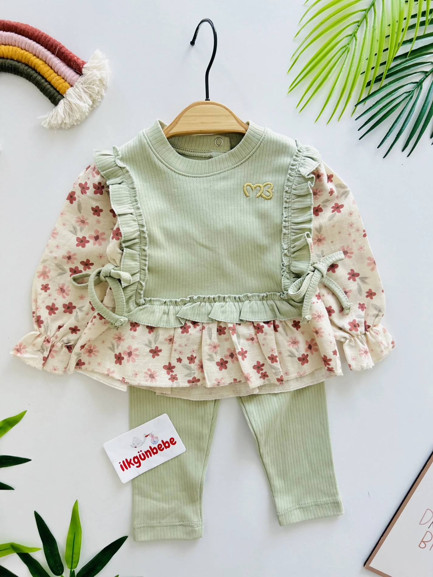 Kendinden Süveterli Keten Kumaş Çiçek Desenli 2’li Takım