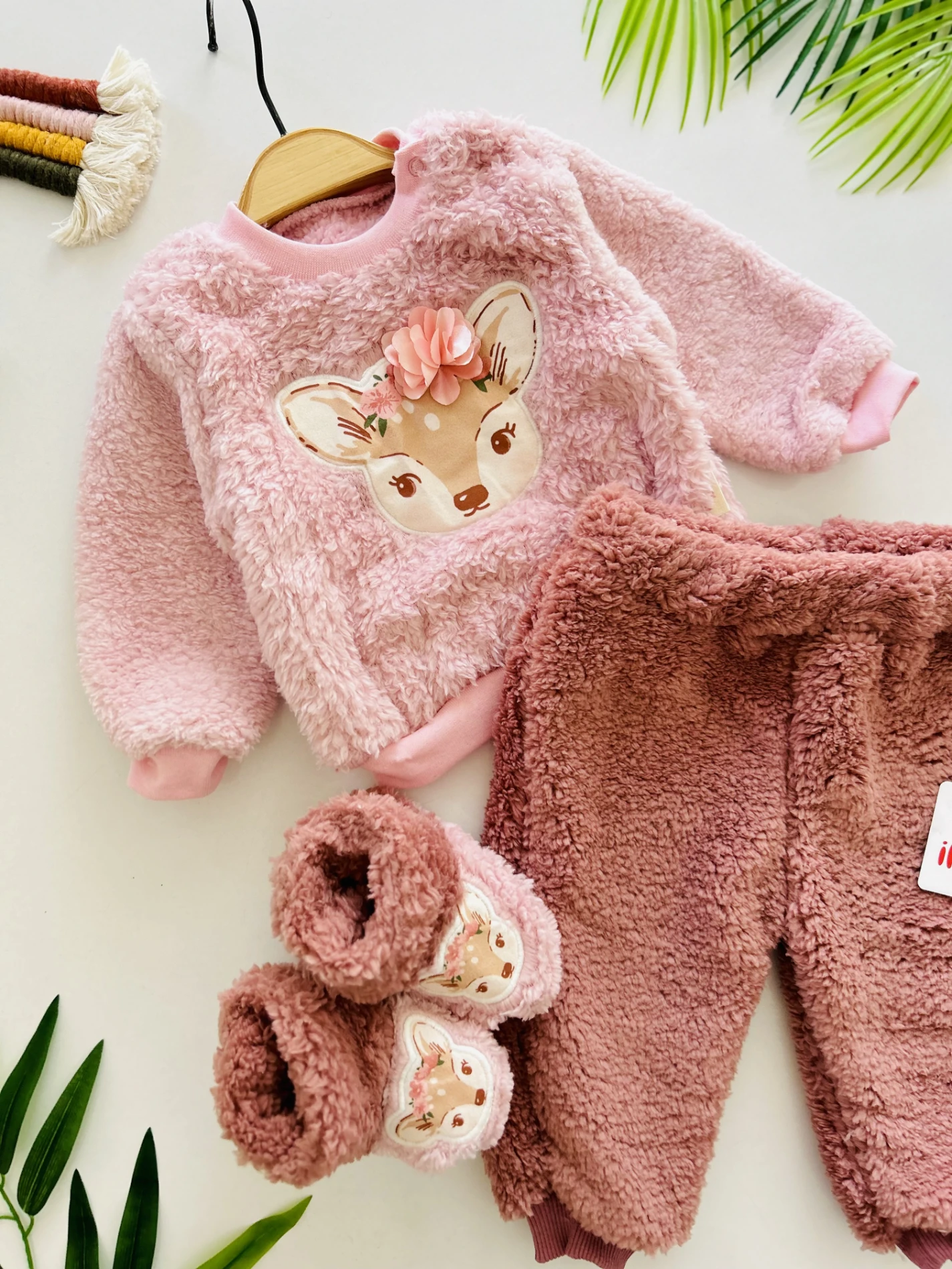 Gül Detaylı Geyik Desenli Panduflu 3 İp İçi  Welsoft Premium Kalite Takım