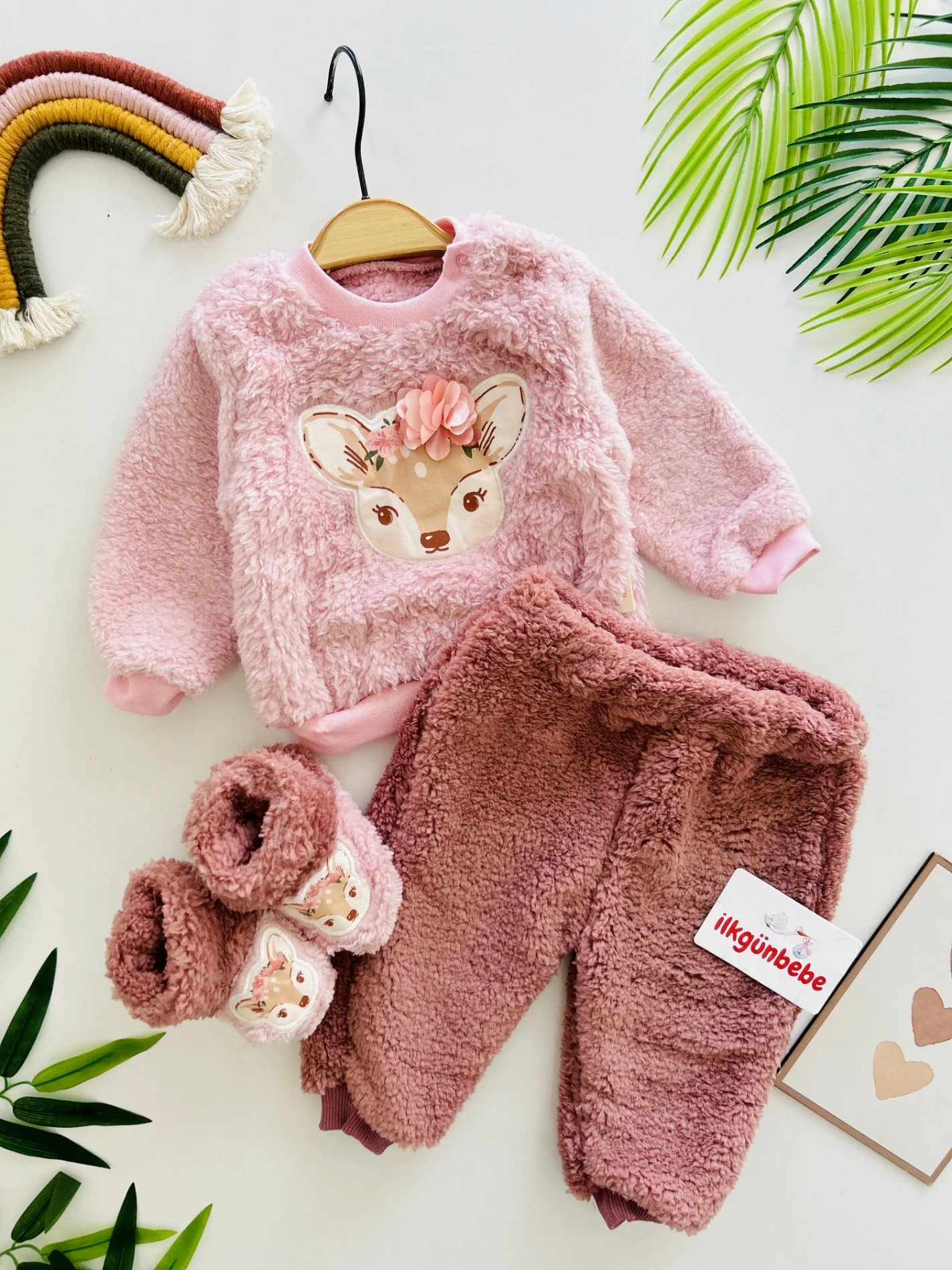 Gül Detaylı Geyik Desenli Panduflu 3 İp İçi  Welsoft Premium Kalite Takım