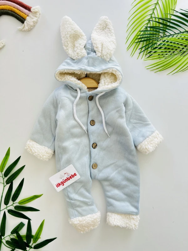 İçi Welsfot Tavşan Kulaklı Kapşonlu Düğmeli Bebek Tulum