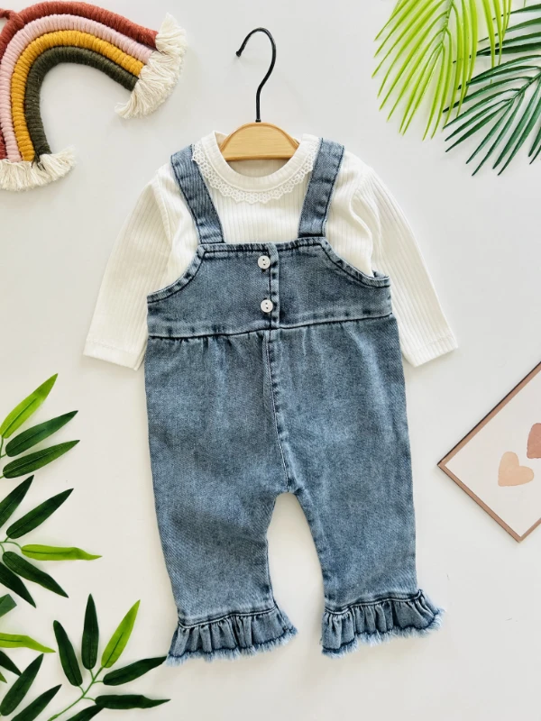 Likralı Esnek Kot Kumaş Paça Fırfır Detaylı Bodyli 2’li Takım