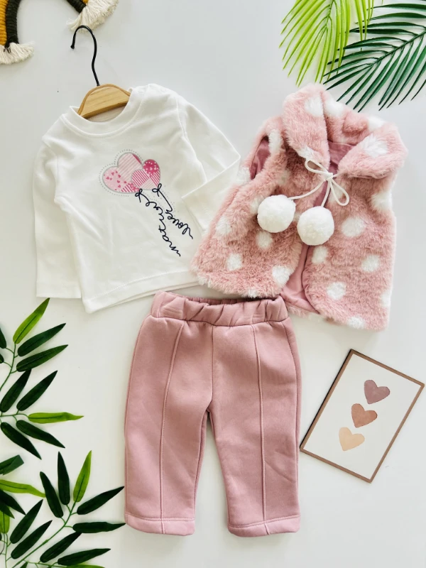 Ponpon Detaylı Kürk Peluş Yelekli 3 İp Şardonlu 3’lü Takım