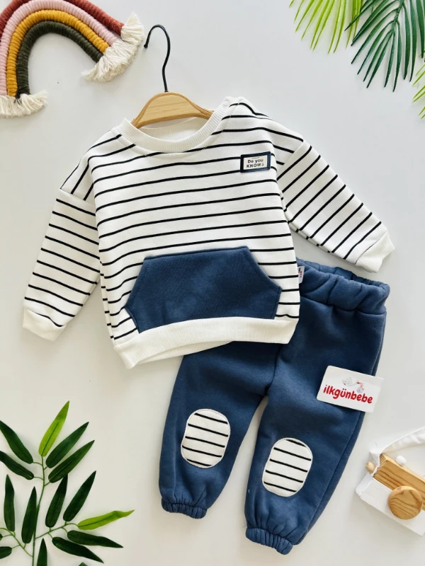 Çizgili Desenli 3 İp İçi Şardonlu Kışlık 2’li Takım