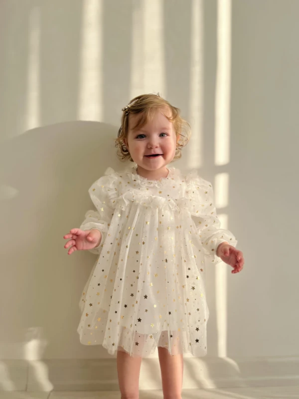 Gold Yıldız Desenli Premium Kalite Tüllü Parti Elbisesi