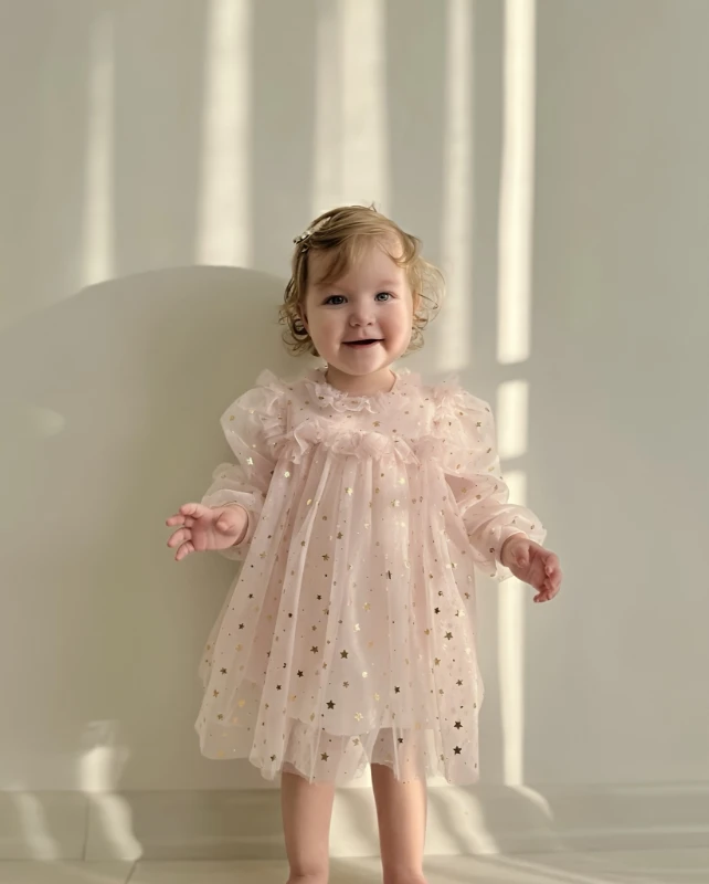 Gold Yıldız Desenli Premium Kalite Tüllü Parti Elbisesi