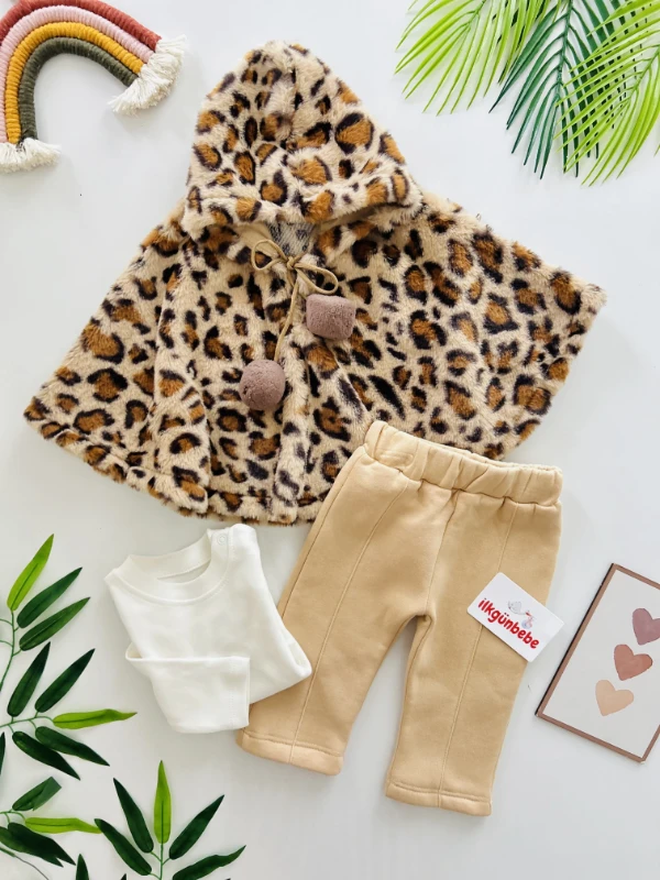 Leopar Desenli Kürklü Pançolu 3 İp Şardonlu Altlı 3’lü Takım