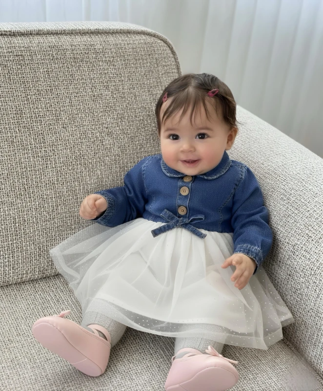 Parıltılı Tüllü Kot Elbiseli Premium Kalite Elbise