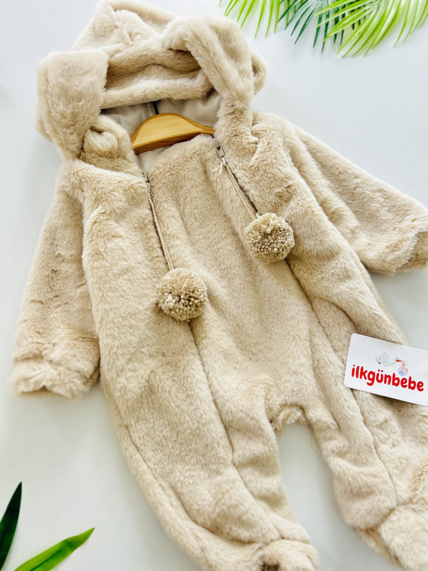 İki Fermuarlı Ponponlu Tavşan Kulak Peluş Yumuşacık Tulum