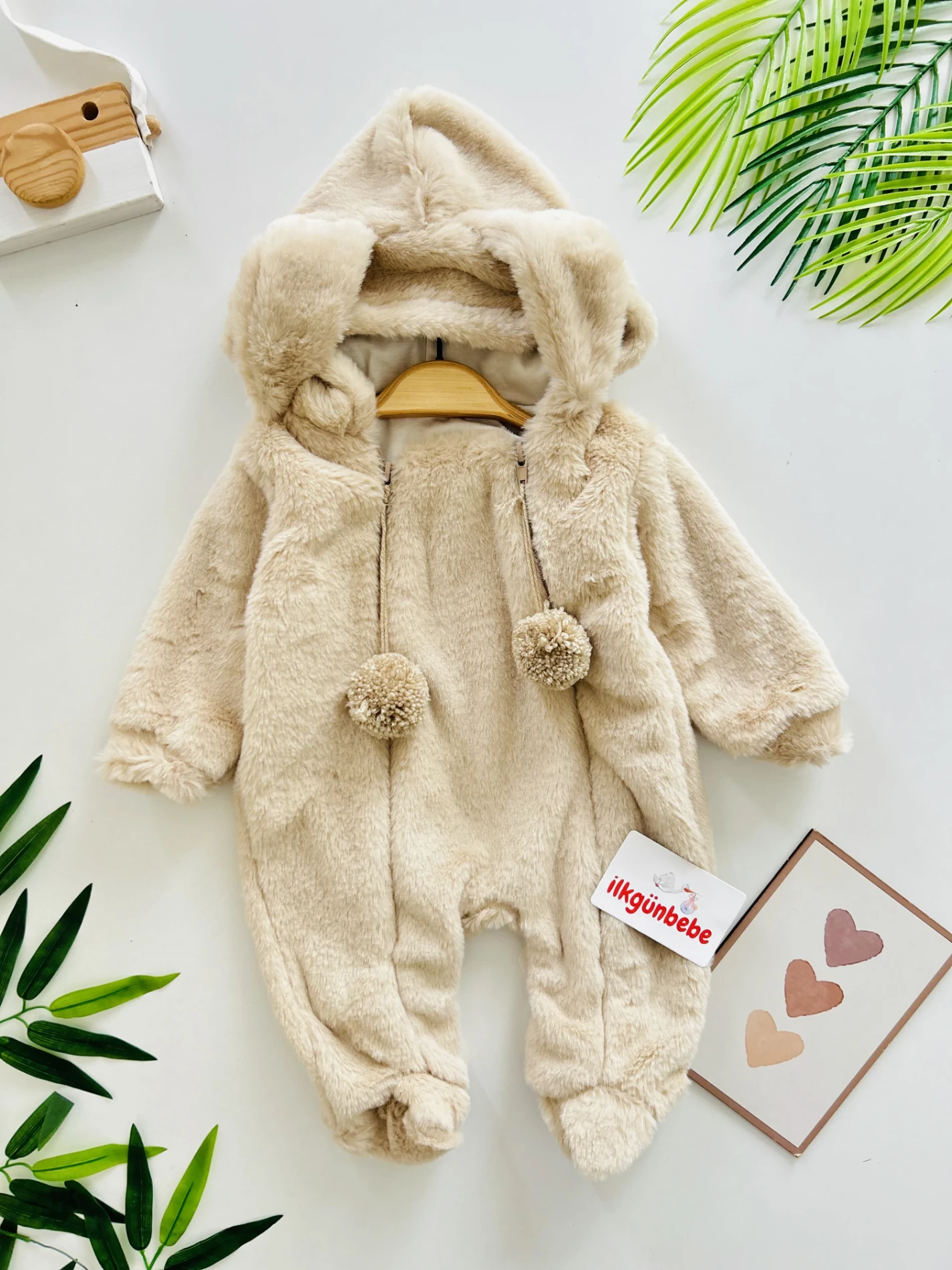 İki Fermuarlı Ponponlu Tavşan Kulak Peluş Yumuşacık Tulum