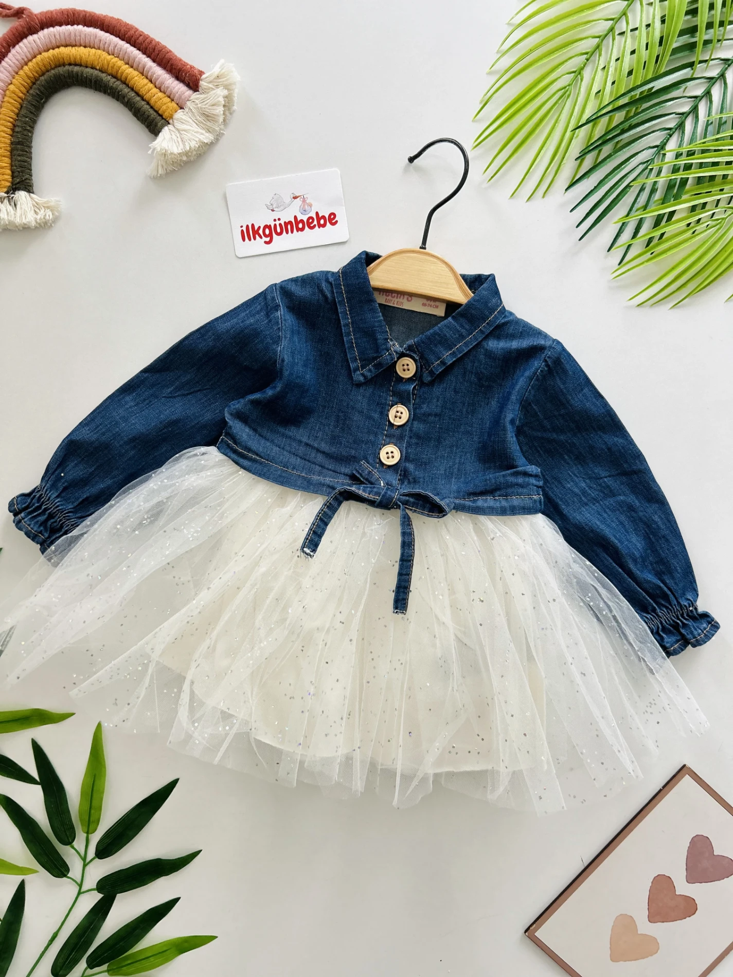 Parıltılı Tüllü Kot Elbiseli Premium Kalite Elbise