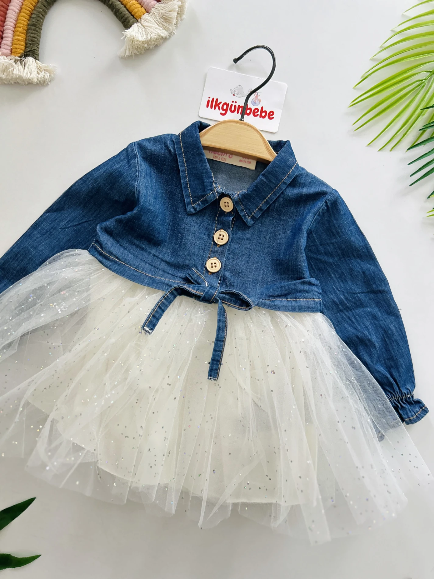 Parıltılı Tüllü Kot Elbiseli Premium Kalite Elbise