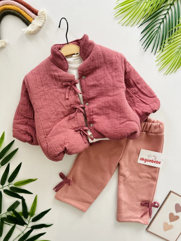 Müslin Dokulu Fiyonklu Pofuduk Ceketli 3’lü  Set